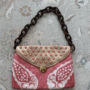 Tory Burch Pink Patterned Shoulder Bag with Gold Studded Flap